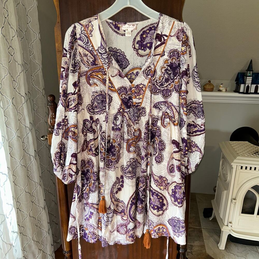 Band Of Free Size Small Lyonnette Paisley Cream Purple Boho Tassle Mini Dress